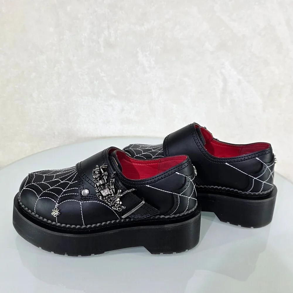 NIB Rebel Goth Punk Oxford Shoes Spider Charms Web Stitching Cryptic Hand Buckle - Picture 4 of 14